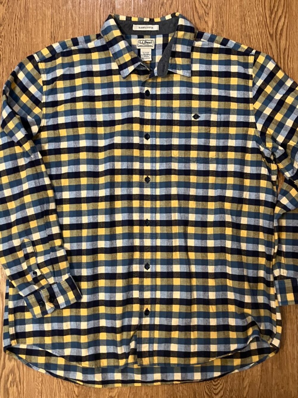 LL Bean Flannel Shirt Yellow Navy Plaid Midweight